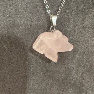 Rose Quartz Bear Pendant Necklace on Silver Copper Chain